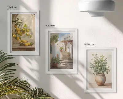 Fotowand mit Zitronen in einer Vase und Pflanzen vor weißer Architektur