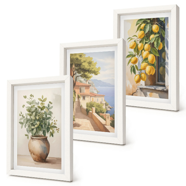 Bilderwand Blumen in einer Vase mit Meerblick und Zitronen