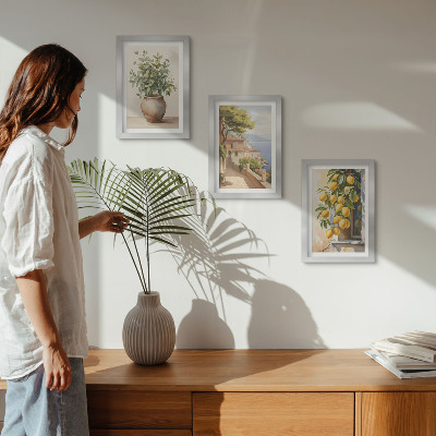 Bilderwand Blumen in einer Vase mit Meerblick und Zitronen
