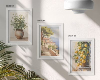 Bilderwand Blumen in einer Vase mit Meerblick und Zitronen