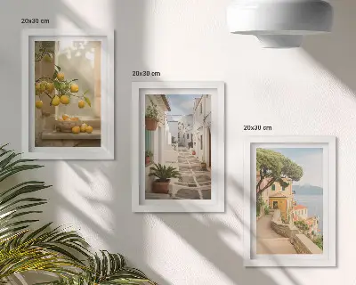 Bilderwand mit Blick aus dem Fenster auf Zitrusbäume und Architektur am Meer