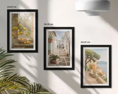 Bilderwand mit Blick aus dem Fenster auf Zitrusbäume und Architektur am Meer