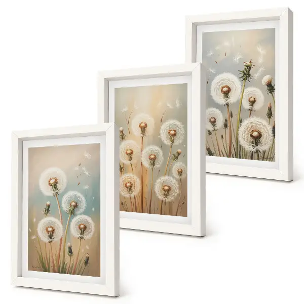 Bilderwand mit Löwenzahnblüten vor einem Hintergrund aus Pastellfarben