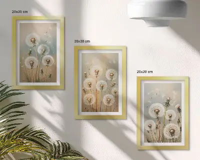 Bilderwand mit Löwenzahnblüten vor einem Hintergrund aus Pastellfarben