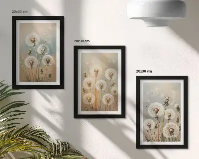 Bilderwand mit Löwenzahnblüten vor einem Hintergrund aus Pastellfarben