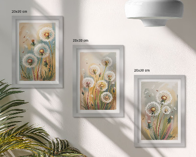 Bilderset mit rahmen Löwenzahnblüten vor dem Hintergrund pastellfarbener Gräser