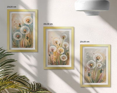 Bilderset mit rahmen Löwenzahnblüten vor dem Hintergrund pastellfarbener Gräser