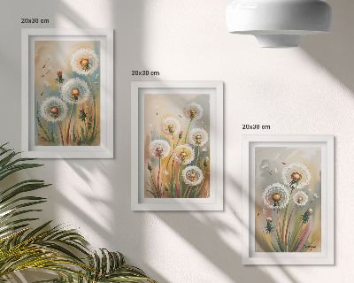 Bilderset mit rahmen Löwenzahnblüten vor dem Hintergrund pastellfarbener Gräser