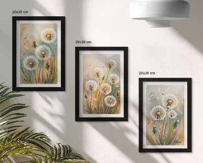 Bilderset mit rahmen Löwenzahnblüten vor dem Hintergrund pastellfarbener Gräser