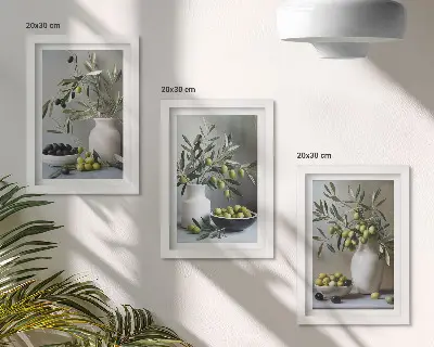 Bilderwand Olivenzweige in Vasen auf grauem Hintergrund