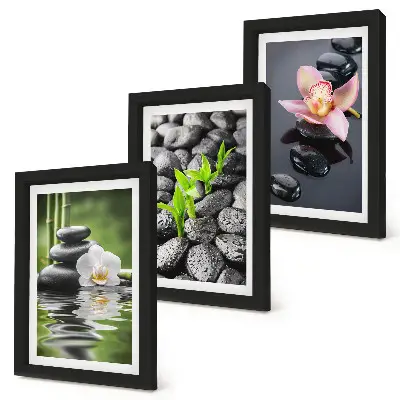 Bilderwand mit einer friedvollen Zen-Komposition aus Steinen und Blumen auf dem Wasser
