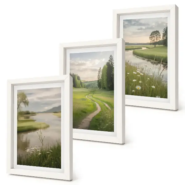 Bilderset mit Rahmen: Ruhige Sommerlandschaft mit einem Fluss und einer Blumenwiese