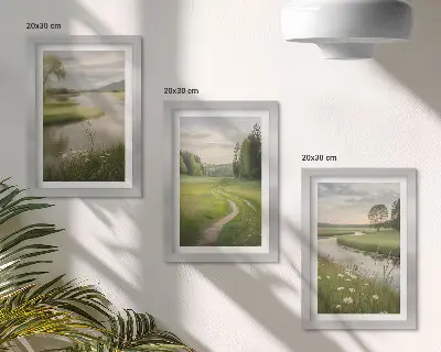 Bilderset mit Rahmen: Ruhige Sommerlandschaft mit einem Fluss und einer Blumenwiese