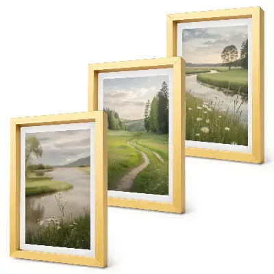 Bilderset mit Rahmen: Ruhige Sommerlandschaft mit einem Fluss und einer Blumenwiese
