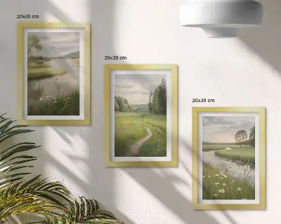 Bilderset mit Rahmen: Ruhige Sommerlandschaft mit einem Fluss und einer Blumenwiese