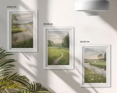 Bilderset mit Rahmen: Ruhige Sommerlandschaft mit einem Fluss und einer Blumenwiese