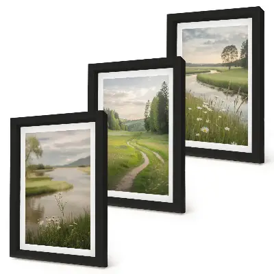 Bilderset mit Rahmen: Ruhige Sommerlandschaft mit einem Fluss und einer Blumenwiese