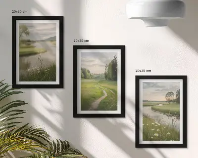 Bilderset mit Rahmen: Ruhige Sommerlandschaft mit einem Fluss und einer Blumenwiese