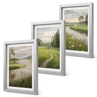 Bilderset mit Rahmen: Ruhige Sommerlandschaft mit einem Fluss und einer Blumenwiese