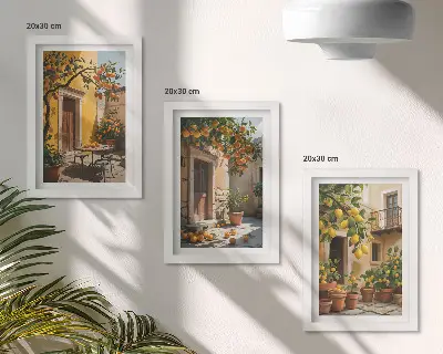Bilderwand mit Zitrusfrüchten in einem sonnigen Innenhof mit Pflanzen