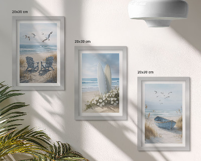 Bilderwand Strand mit Surfbrettern, Booten und Vögeln
