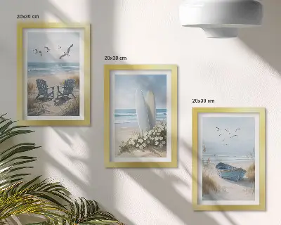 Bilderwand mit Strandmotiv, Surfbrettern, Booten und Vögeln