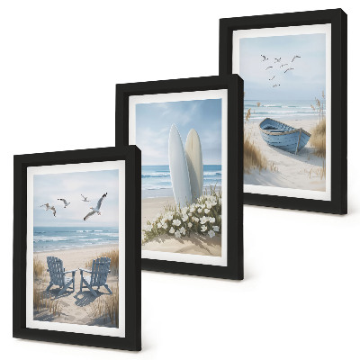 Bilderwand Strand mit Surfbrettern, Booten und Vögeln