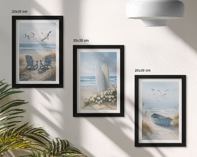Bilderwand Strand mit Surfbrettern, Booten und Vögeln