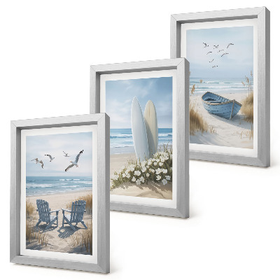 Bilderwand Strand mit Surfbrettern, Booten und Vögeln