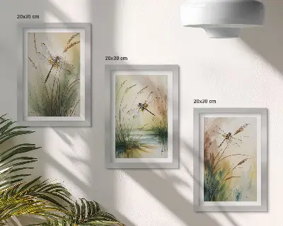 Fotowand Libellen im Gras am Wasser in malerischer Optik