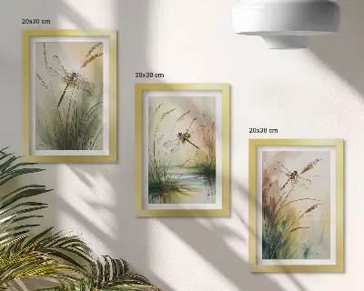 Fotowand Libellen im Gras am Wasser in malerischer Optik