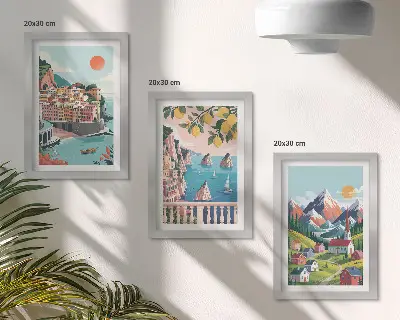 Fotowand mit bunten Berglandschaften und Küstenstädten