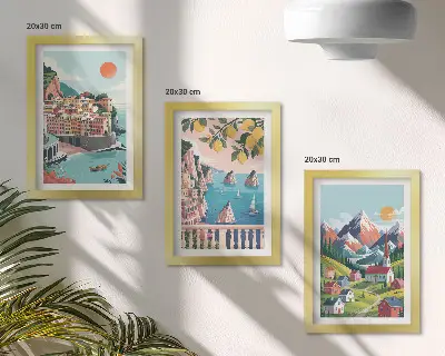 Fotowand mit bunten Berglandschaften und Küstenstädten