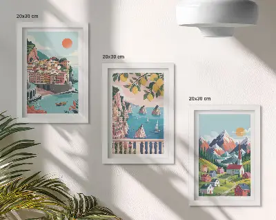 Fotowand mit bunten Berglandschaften und Küstenstädten