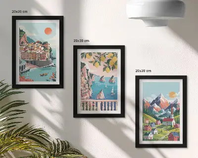 Fotowand mit bunten Berglandschaften und Küstenstädten