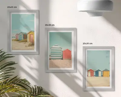Bunte Strandhäuser in der Sommersonne Bilderset mit Rahmen