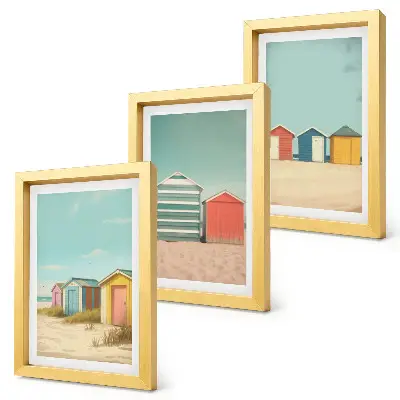 Bunte Strandhäuser in der Sommersonne Bilderset mit Rahmen