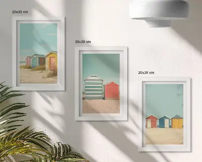 Bunte Strandhäuser in der Sommersonne Bilderset mit Rahmen