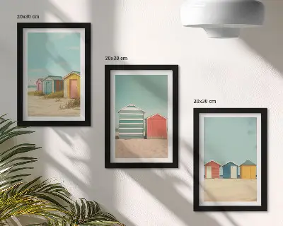 Bunte Strandhäuser in der Sommersonne Bilderset mit Rahmen