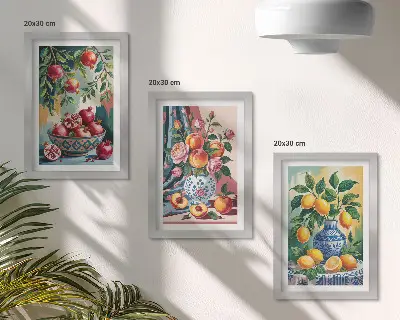 Gemalte Blumen und Früchte in Vasen Bilderset inklusive Rahmen