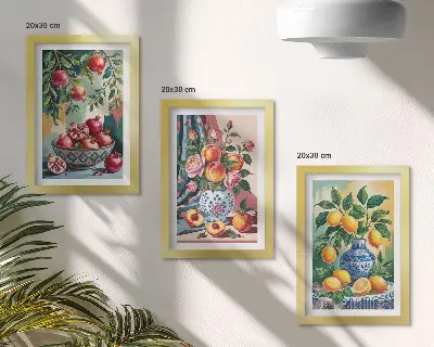 Gemalte Blumen und Früchte in Vasen Bilderset inklusive Rahmen