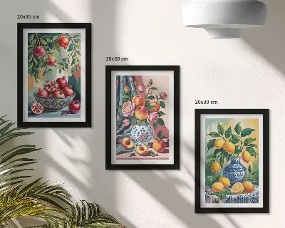 Gemalte Blumen und Früchte in Vasen Bilderset inklusive Rahmen