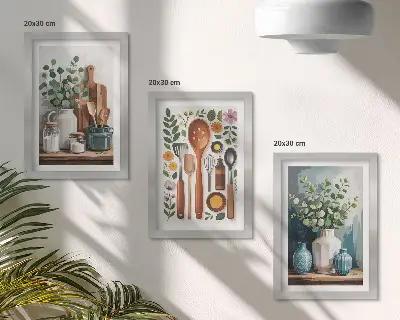 Fotowand mit modernen Küchenaccessoires und Pflanzen