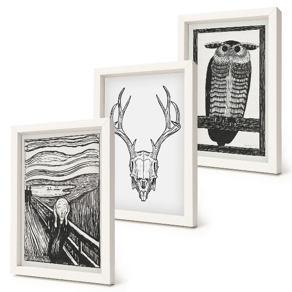 Bilderwand Inspiriert vom Scream-Bild mit Totenkopf und Eule im Grafikstil