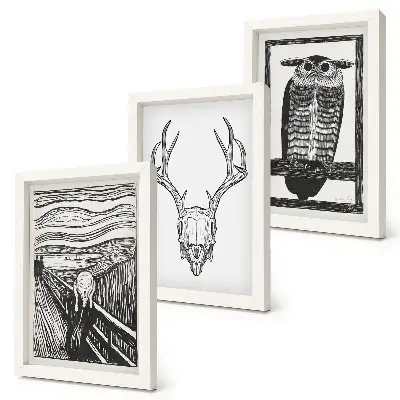 Bilderwand mit grafischem Totenkopf und Eulen Motiv inspiriert vom Scream Film