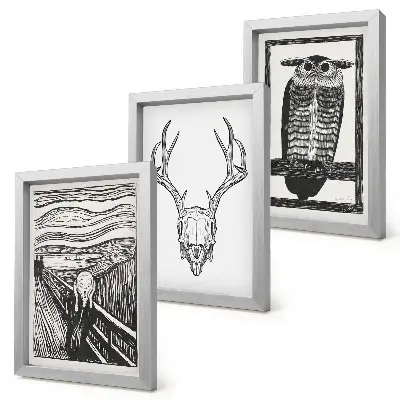 Bilderwand mit grafischem Totenkopf und Eulen Motiv inspiriert vom Scream Film