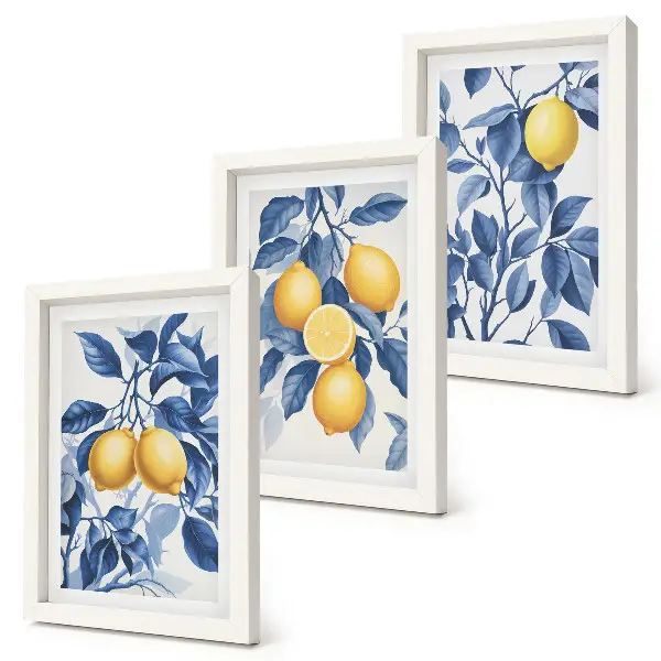 Bilderwand mit Zitronen an Zweigen und blauen Blättern