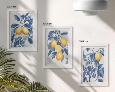 Bilderwand mit Zitronen an Zweigen und blauen Blättern
