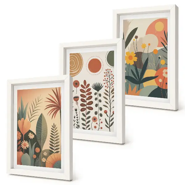 Bilderwand mit Boho-Pflanzenmustern in warmen Farbtönen und natürlichem Flair