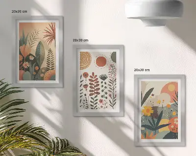 Bilderwand mit Boho-Pflanzenmustern in warmen Farbtönen und natürlichem Flair